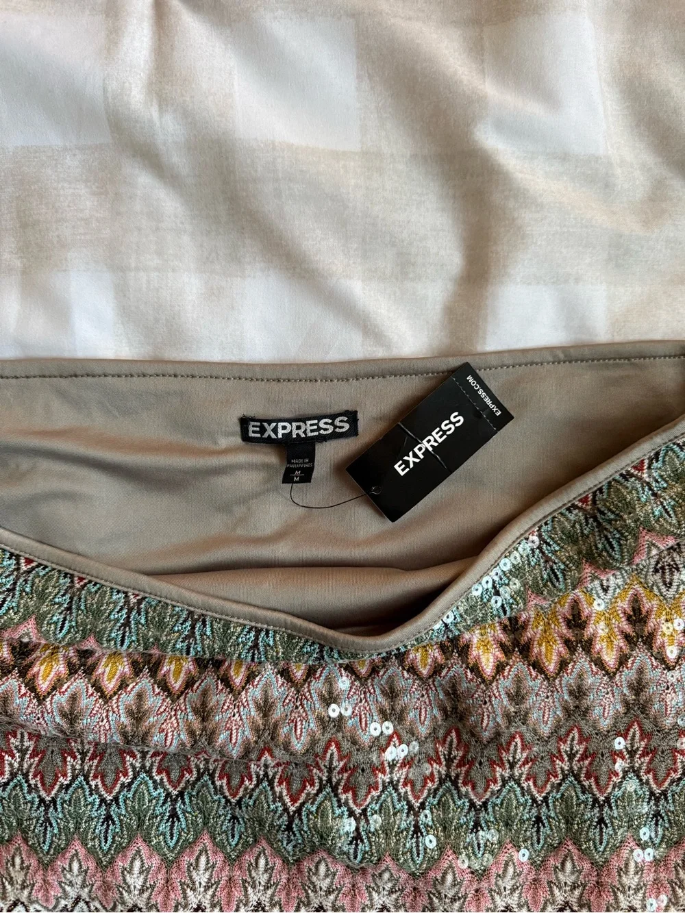 Express Multicolor Chevron Knit Mini Skirt — Pink, Green, Yellow, Cream, Gray